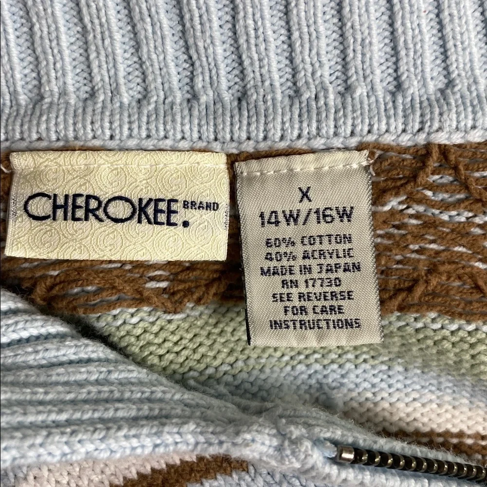 Vintage 90s Cherokee Made in Japan Fair Isle Pastel Knit Zip Cardigan Plus 14W/1